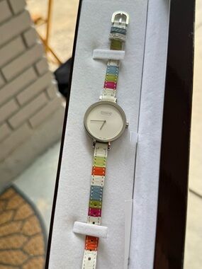 Coach Round Silver-Tone Watch with Multicolor Patchwork Strap